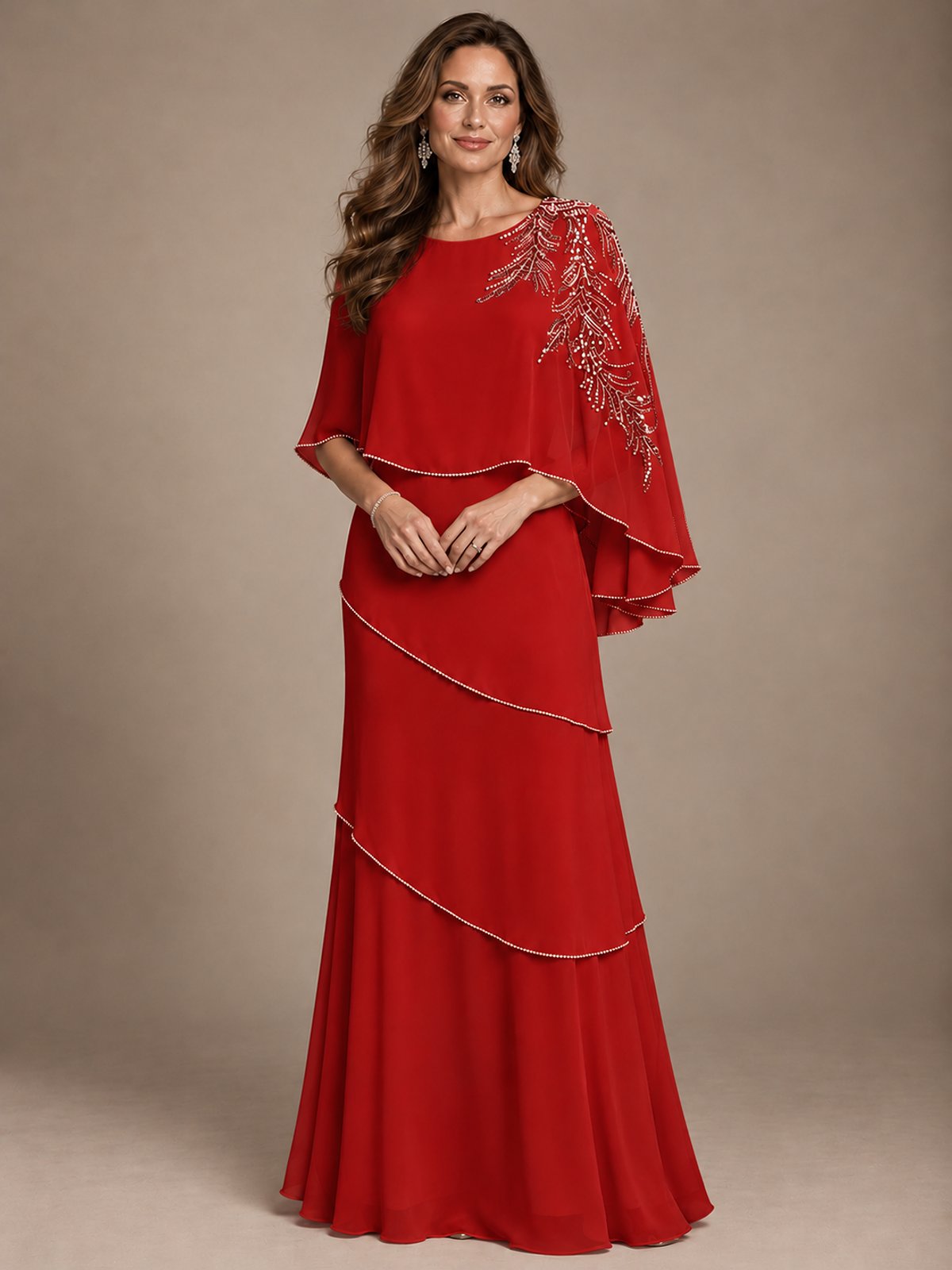 Elegant Chiffon Cape Sleeve Beaded Mother of the Bride Dress