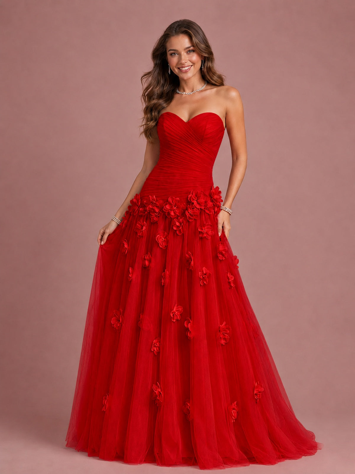 Blush Pink Strapless Sweetheart 3D Floral Tulle Ball Gown Prom Dres
