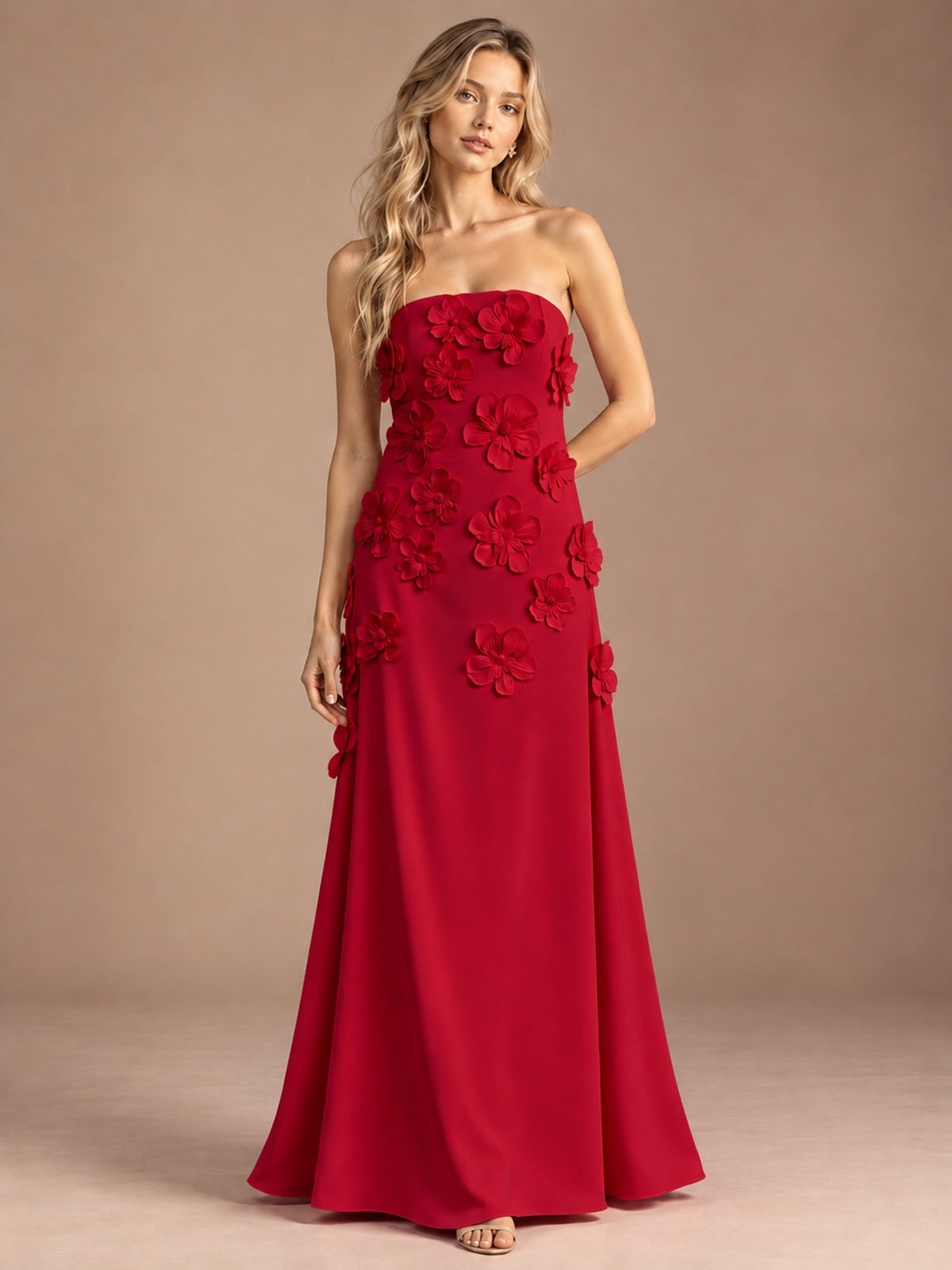 Red-Strapless 3D Floral A-line Satin Prom Maxi Dress Formal Evening Gown