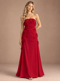 Red-Strapless 3D Floral A-line Satin Prom Maxi Dress Formal Evening Gown