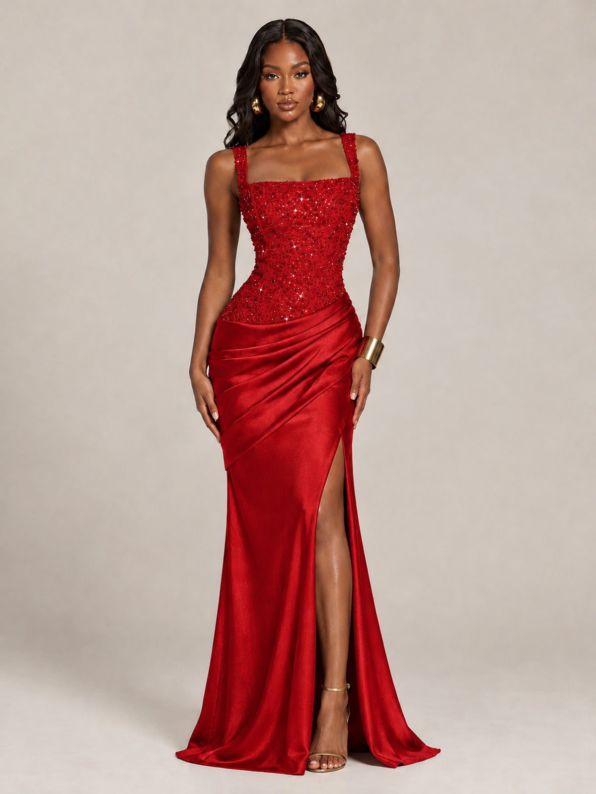 Scoop Neck Sequin Prom Dress with High Slit Satin Formal Gowns