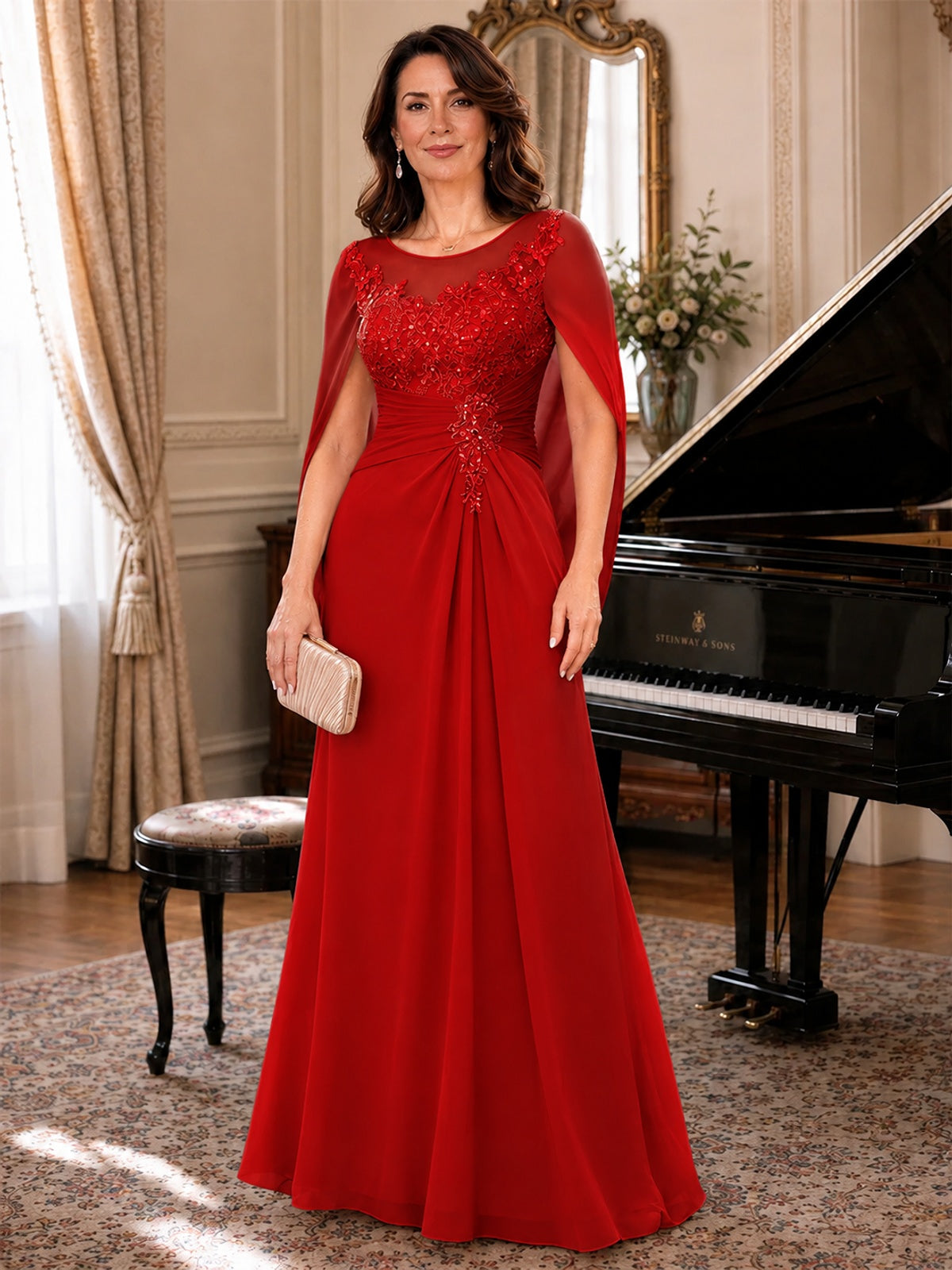 Elegant Applique Chiffon Mother of the Bride Dress with Cape Sleeves