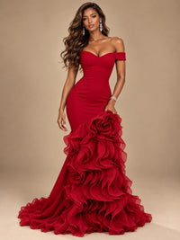 Dusty Blue Off-the-Shoulder Mermaid Prom Dress with 3D Rose & Ruffles