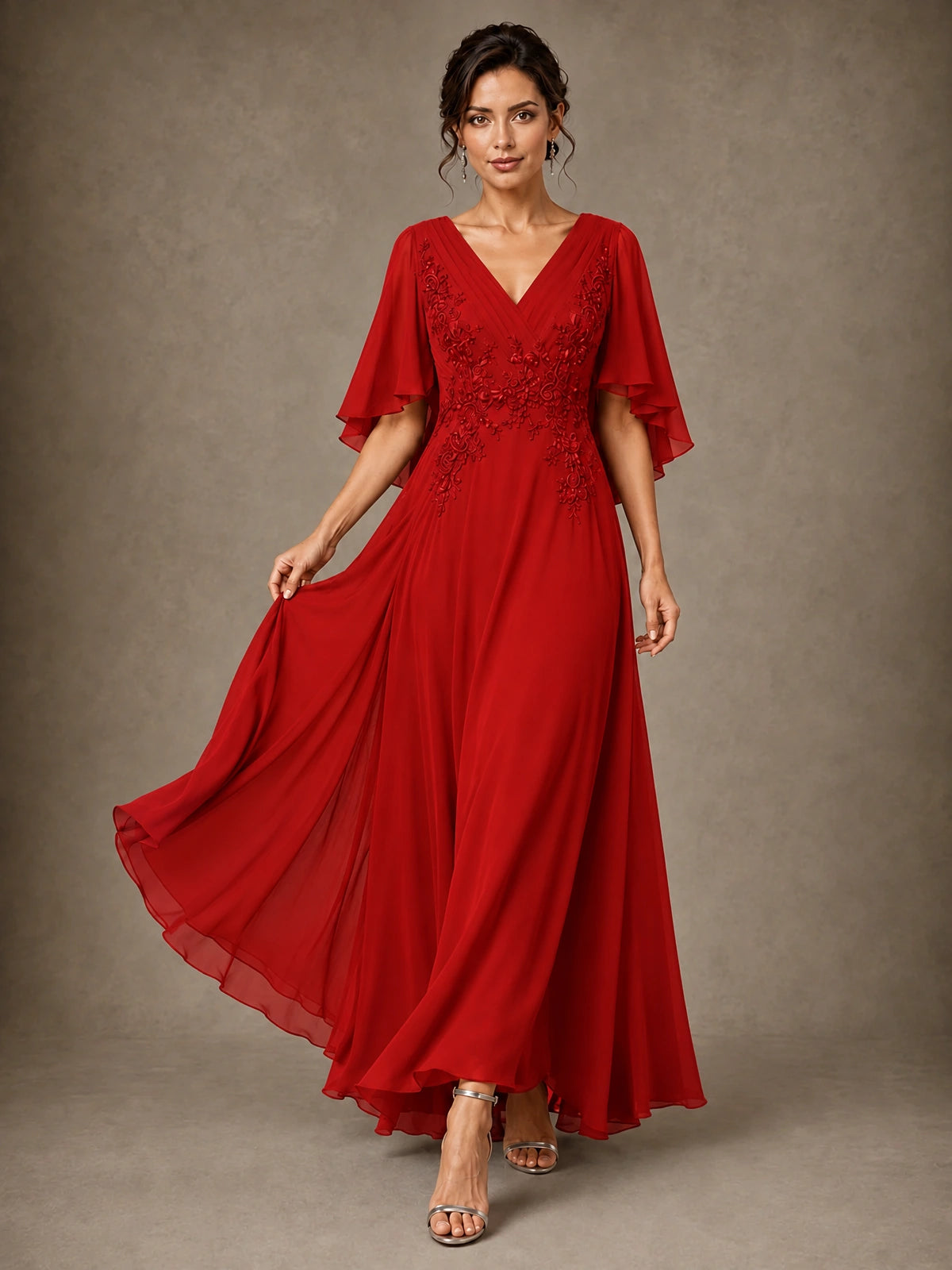 V-Neck Chiffon Lace Mother of the Bride Dress with Flutter Sleeves