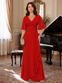Red V-Neck Chiffon Lace Mother of the Bride Dresses with Flutter Sleeve A-line Long Ruffled Evening Formal Wedding Guest Gown