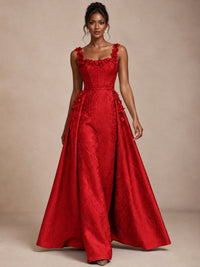 Light Blue 3D Floral Jacquard Prom Dress with Detachable Overskirt Corset Gown