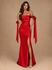 Off The Shuolder Satin Prom Dress Slit Mermaid Formal Gowns
