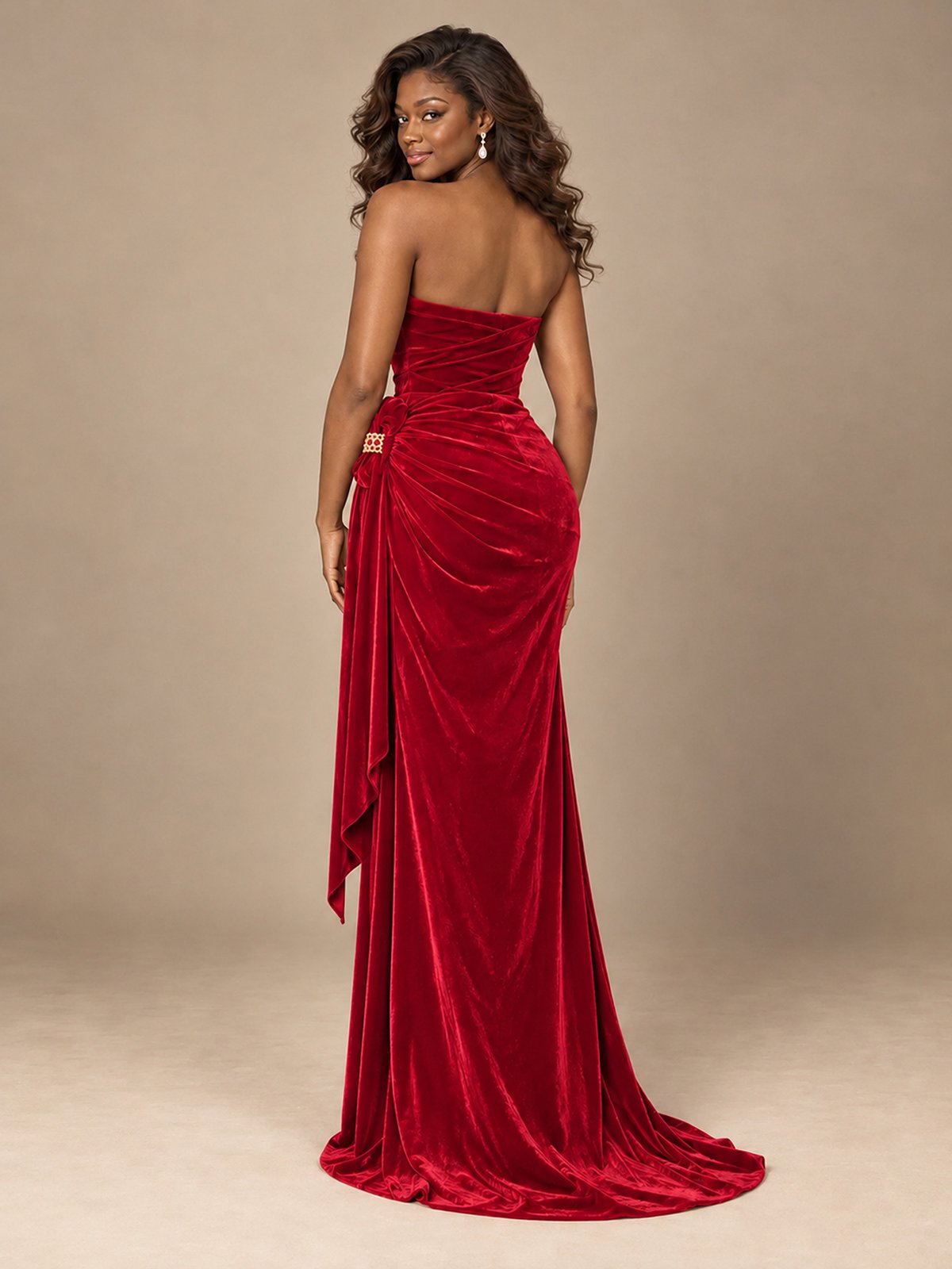 Burgundy Velvet Strapless Ruched Prom Dress with Jeweled Side Drape