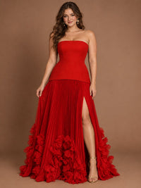 Strapless Pleated Floral Satin Formal Dress with Side Slit