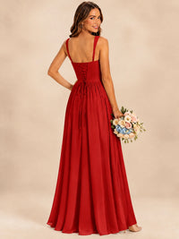 Spaghetti Straps Pleated Chiffon Bridesmaid Dress with Ruffle Slit