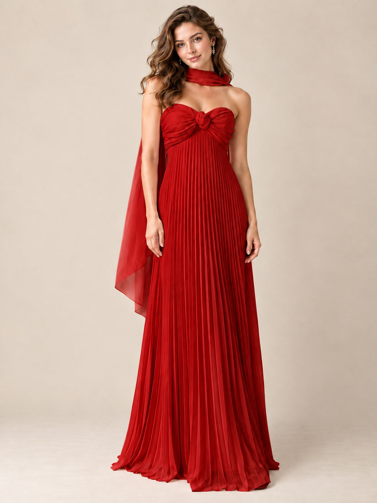 Sweetheart Neckline Pleated Prom Dress Strapless A-line Formal Dress with Flowy Scarf