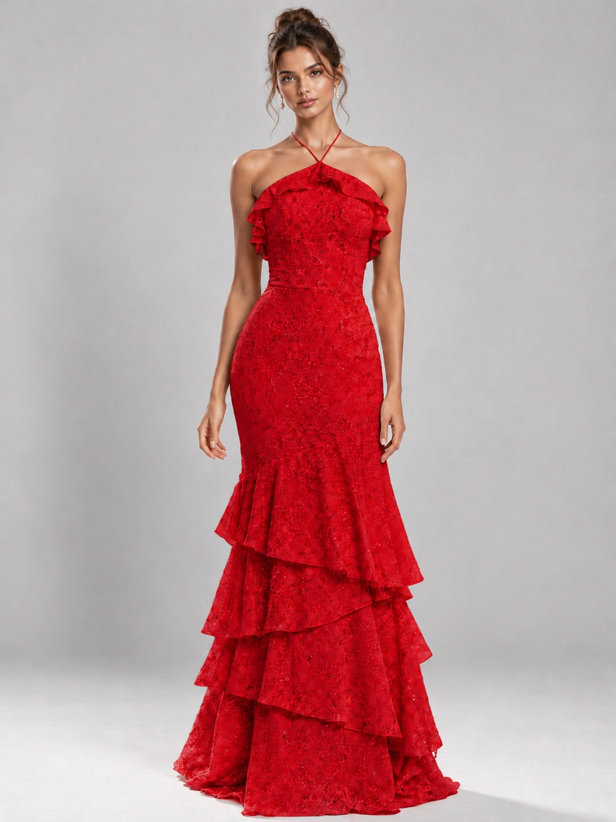 Halter Tiered Mermaid Prom Dress with Sparkly Lace
