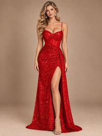Burgundy Sequin Corset Prom Dress with High Slit