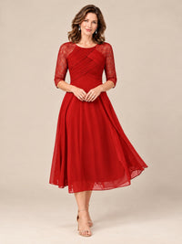 Red-Lace Applique Pleated Tea Length Mother of The Bride Dresses
