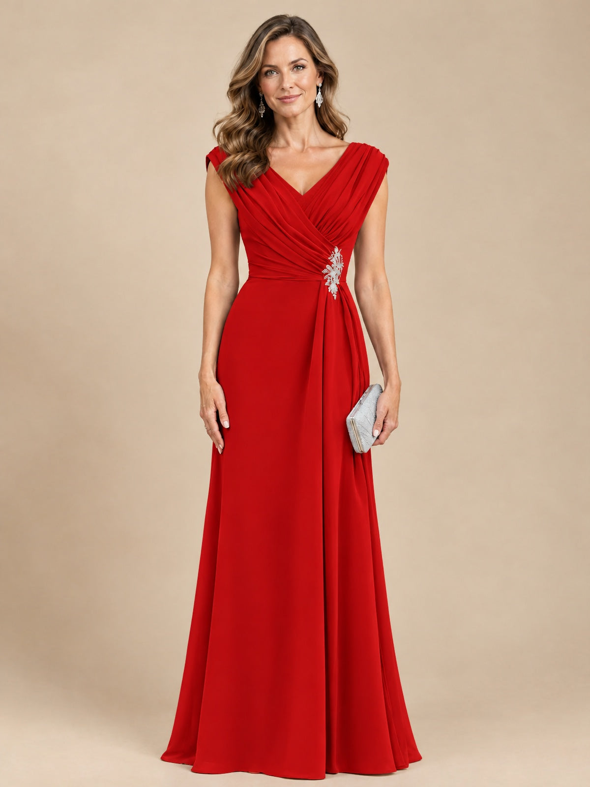 V Neck Pleated Mother of The Bride Dresses with Beading Cap Sleeves