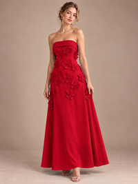 Red Strapless 3D Floral Appliques Maxi Dress