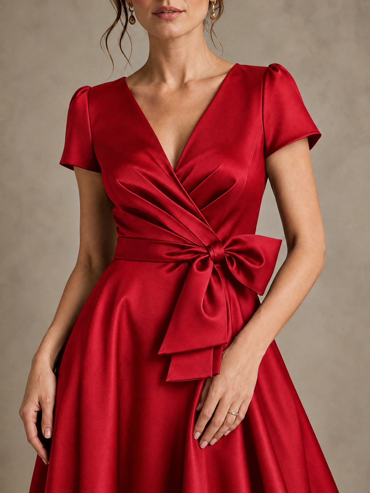 V-Neck Tea-Length Satin Mother of the Bride Dress with Bow