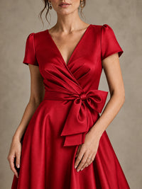 V-Neck Tea-Length Satin Mother of the Bride Dress with Bow