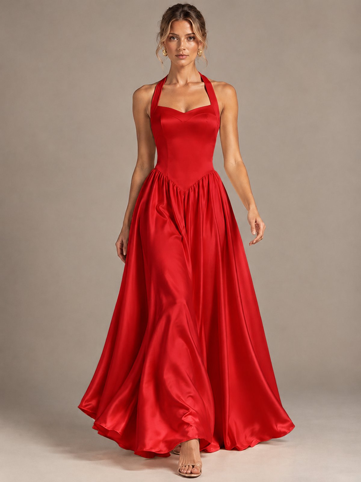 Light Yellow Halter Neck Satin A-Line Maxi Dress with Pockets