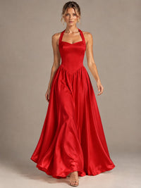 Light Yellow Halter Neck Satin A-Line Maxi Dress with Pockets