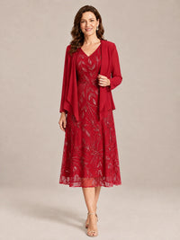 Red-2 Piece Lace Appliques Chiffon Mother of The Bride Dress with Sequin