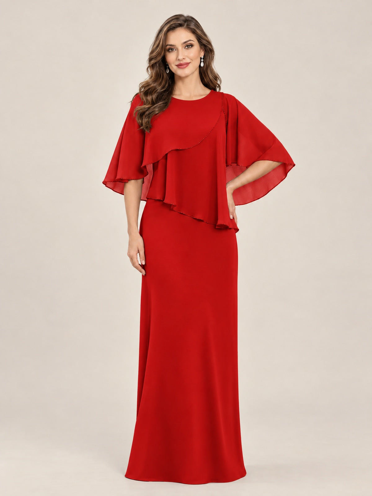 Red-Chiffon 2 Piece A Line Mother of The Bride Dresses with Cape