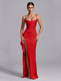 Red Squre Neck Pleated Satin Prom Dresses for Teens Women Long Evening Formal Gown with Slit Ruffles