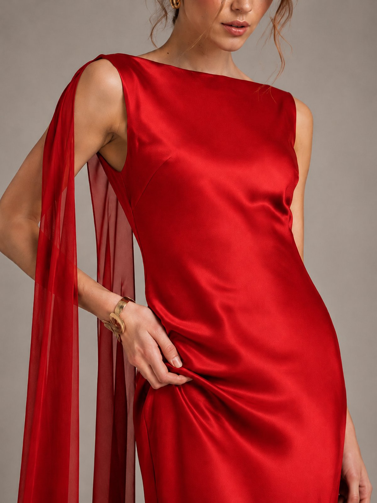 Burgundy Satin Mermaid Cape Maxi Dress