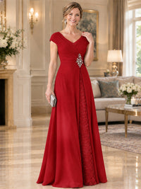 Pleated Chiffon Lace Mother of The Bride Dresses with Beading Cap Sleeves