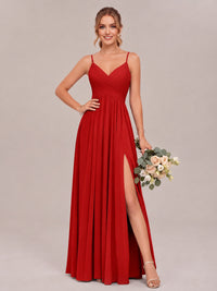 Red Spaghetti Straps Pleated Chiffon Bridesmaid Dress with Slit V-Neck A-line Long Formal Evening Wedding Guest Gown