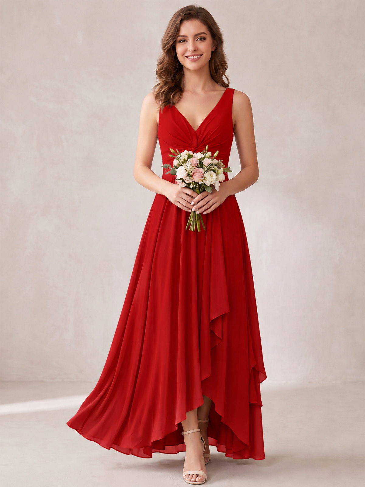 V-Neck High-Low Chiffon Bridesmaid Dress with Ruffles