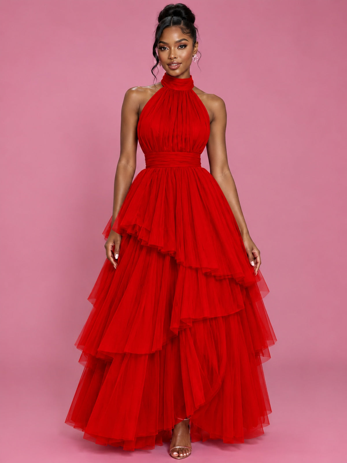 Hot Pink Tulle Halter Neck Tiered Ruffle Maxi Dress