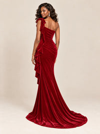 Black Velvet One-Shoulder Mermaid Evening Gown with Bow & Ruffles
