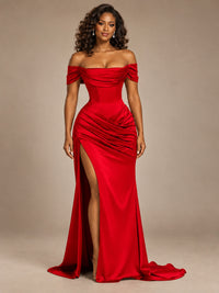 Burgundy Off-the-Shoulder Satin Corset Prom Dress with Slit