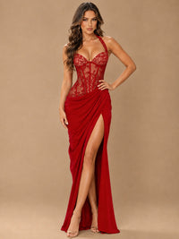 Sweetheart Halter Prom Dress Pleated Lace Floral Formal Dress with Slit