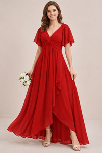 Dusty Blue Chiffon Bridesmaid Dress with Flutter Sleeves & High-Low Hem