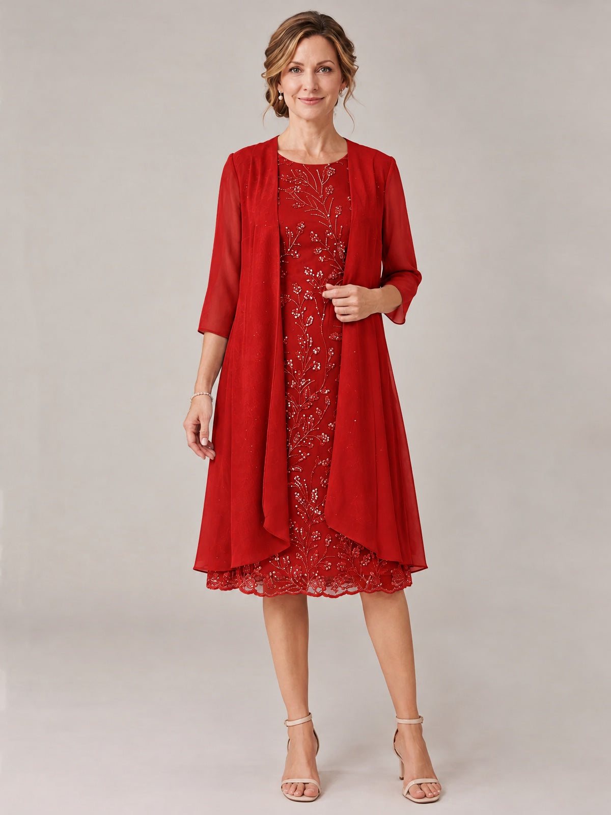 Red-2 Piece Lace Appliques Chiffon Mother of The Bride Dress with Sequin