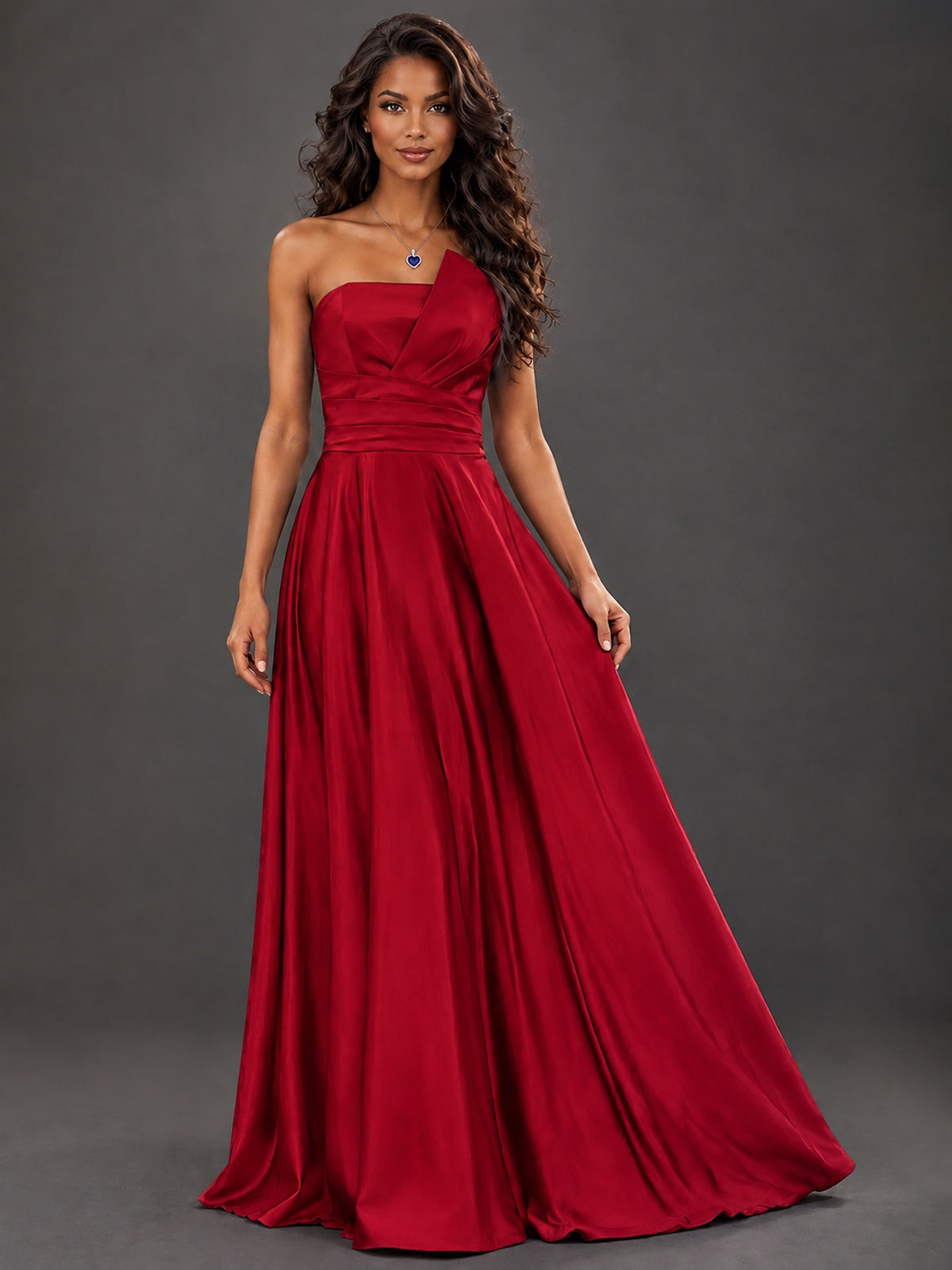 Draped Satin Prom Dress Strapless A-line Formal Dress Floor Length