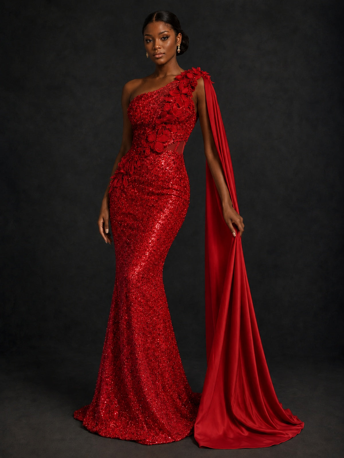 Gold Sequin One Shoulder Mermaid Prom Dress with Cape