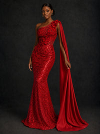 Gold Sequin One Shoulder Mermaid Prom Dress with Cape