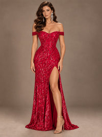 Off the Shoulder Corset Sequin Mermaid Prom Dress with Slit