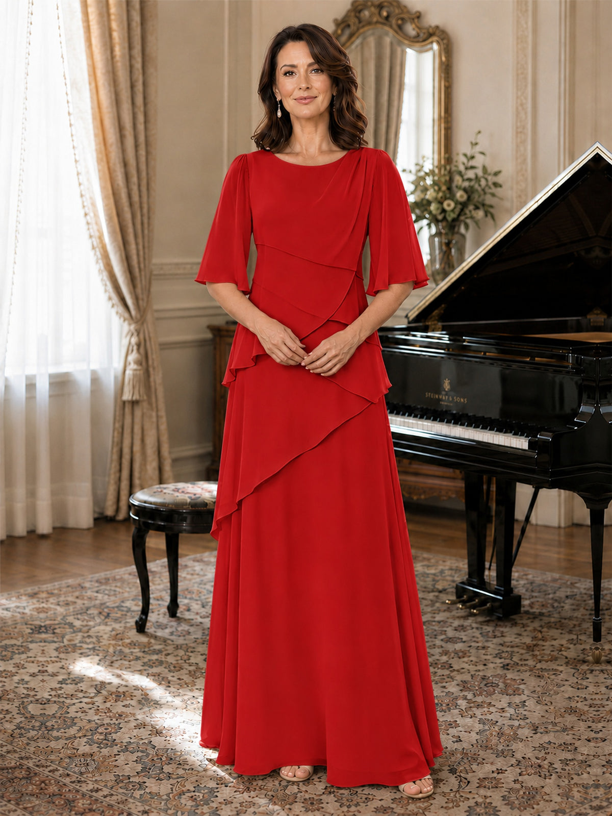 Asymmetric Draped Chiffon Mother of the Bride Dress with Flutter Sleeves