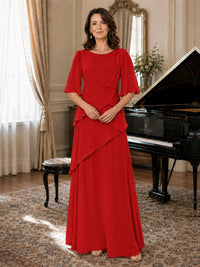 Asymmetric Draped Chiffon Mother of the Bride Dress with Flutter Sleeves