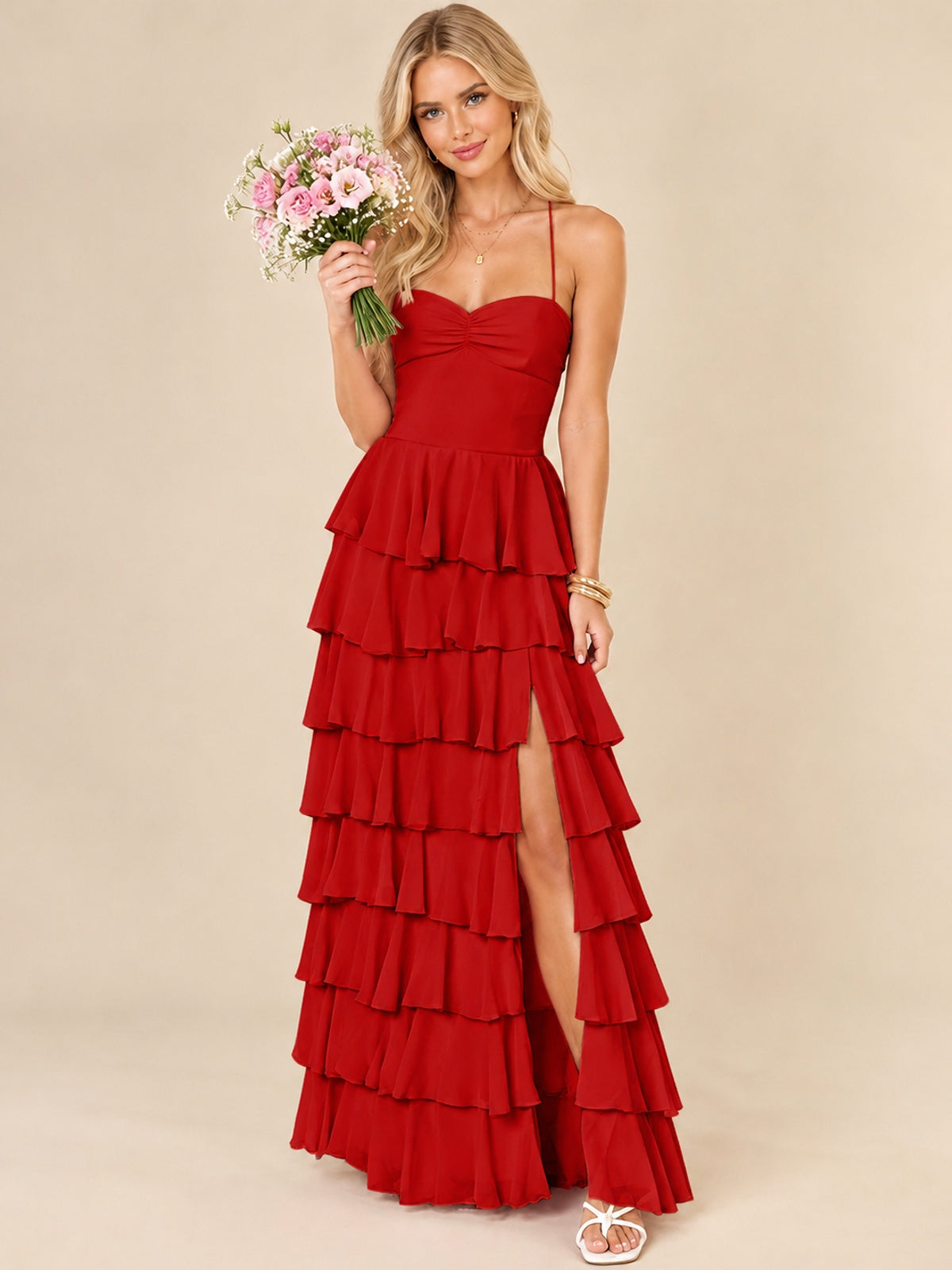 Ruffled Tiered Chiffon Prom Dress Spaghetti Straps Formal Maxi Dress with Slit