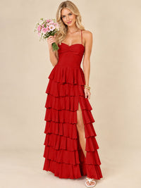 Ruffled Tiered Chiffon Prom Dress Spaghetti Straps Formal Maxi Dress with Slit