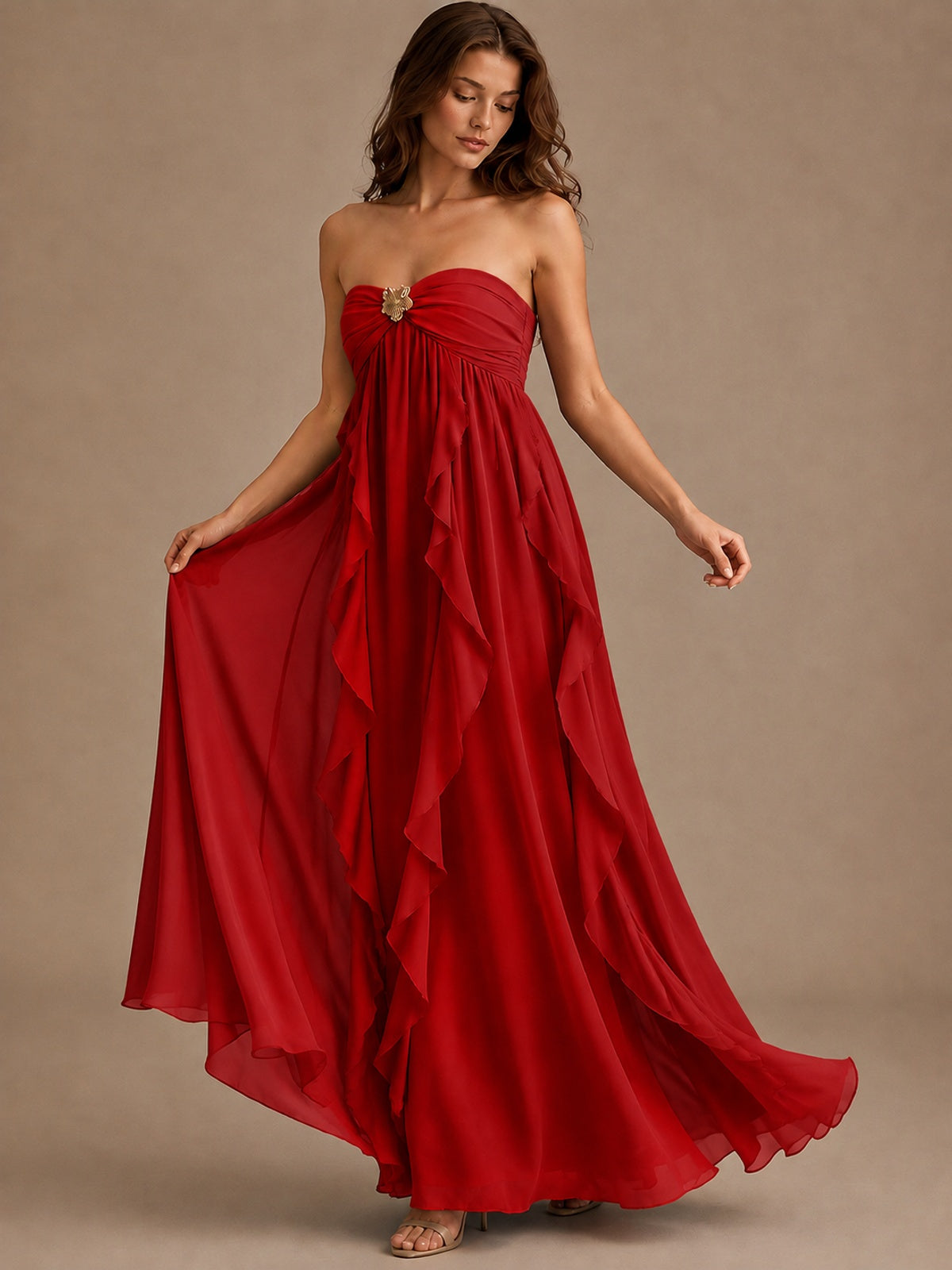 Srapless Sweetheart Chiffon Prom Dress Ruffle Formal Evening Gown