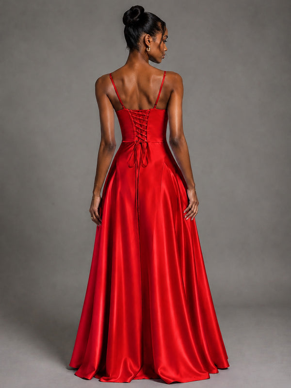 V Neck Satin Prom Dress with Spaghetti Straps