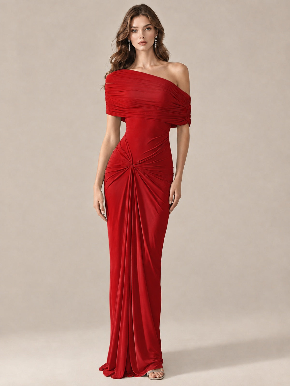 Elegant Draped Off Shoulder Ruched Mermaid Chiffon Formal Evening Gown
