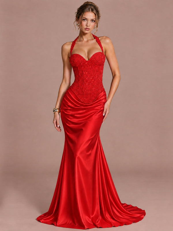 Red Sparkling Halter Corset Satin Mermaid Prom Dress Long Ruched Sequin Formal Gown Evening Party Dress