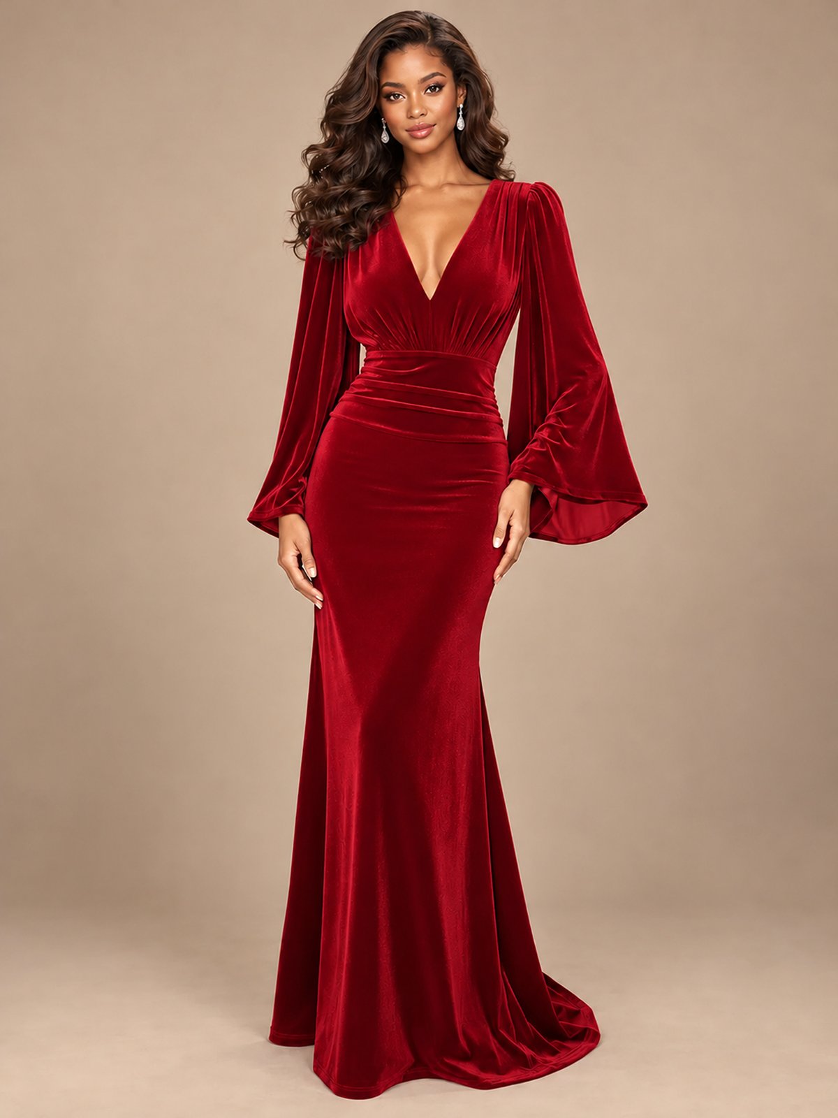 Burgundy Velvet Deep V-Neck Ruched Long Sleeve Maxi Dress